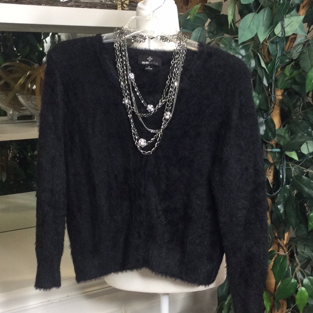 EUC Ronni Nicole Faux Fur Black Button Down Cardigan Sweater, Large
